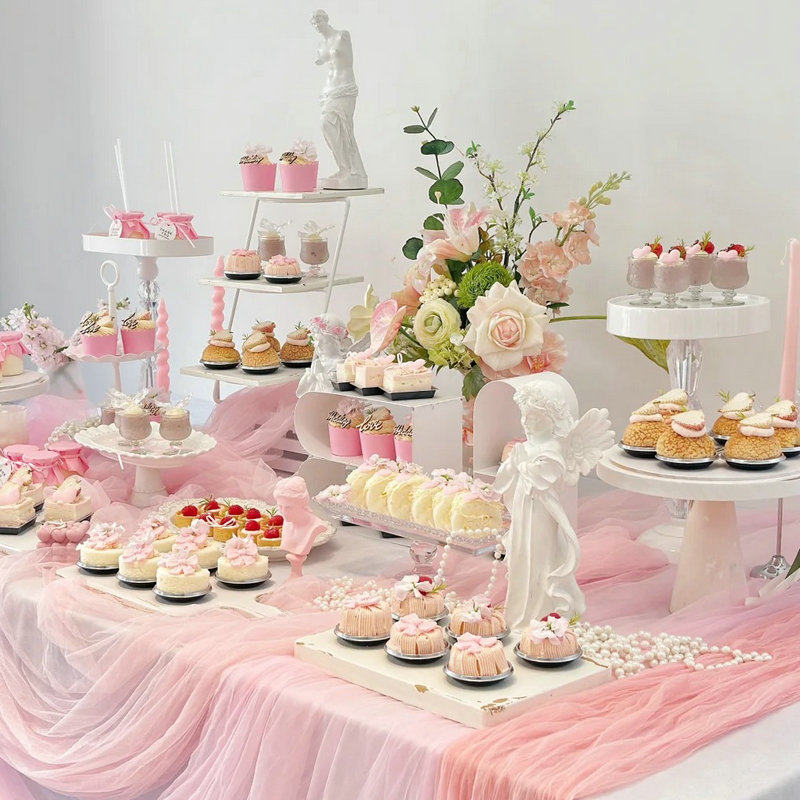 新中式粉色婚礼订婚结婚甜品台装饰烘焙插件蛋糕纸杯贴纸网纱桌旗