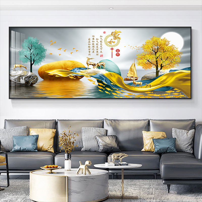 新中式客厅装饰画横版现代简约沙发背景墙挂画室内大厅山水镶钻画图片