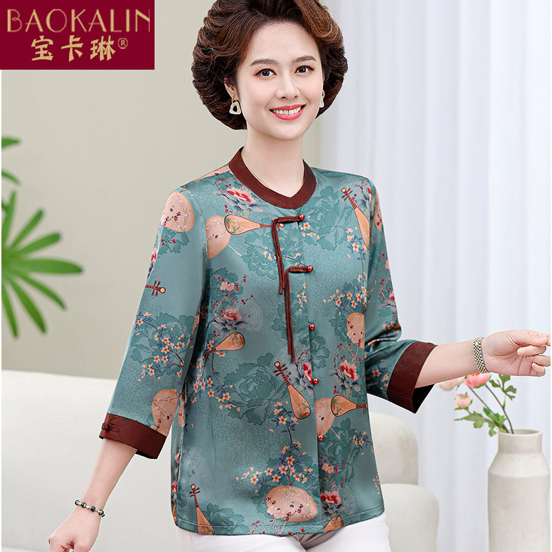 中老年人女装春装衬衫中袖真丝上衣妈妈夏装新款唐装中国风60多岁