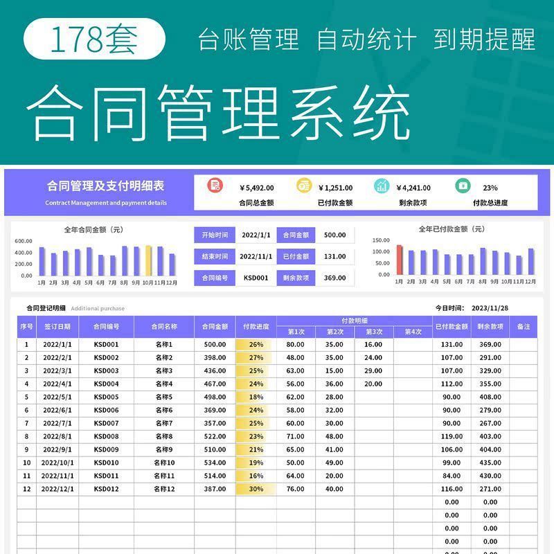 合同管理台账系统excel表格模版发票查询登记自动统计到期提醒表