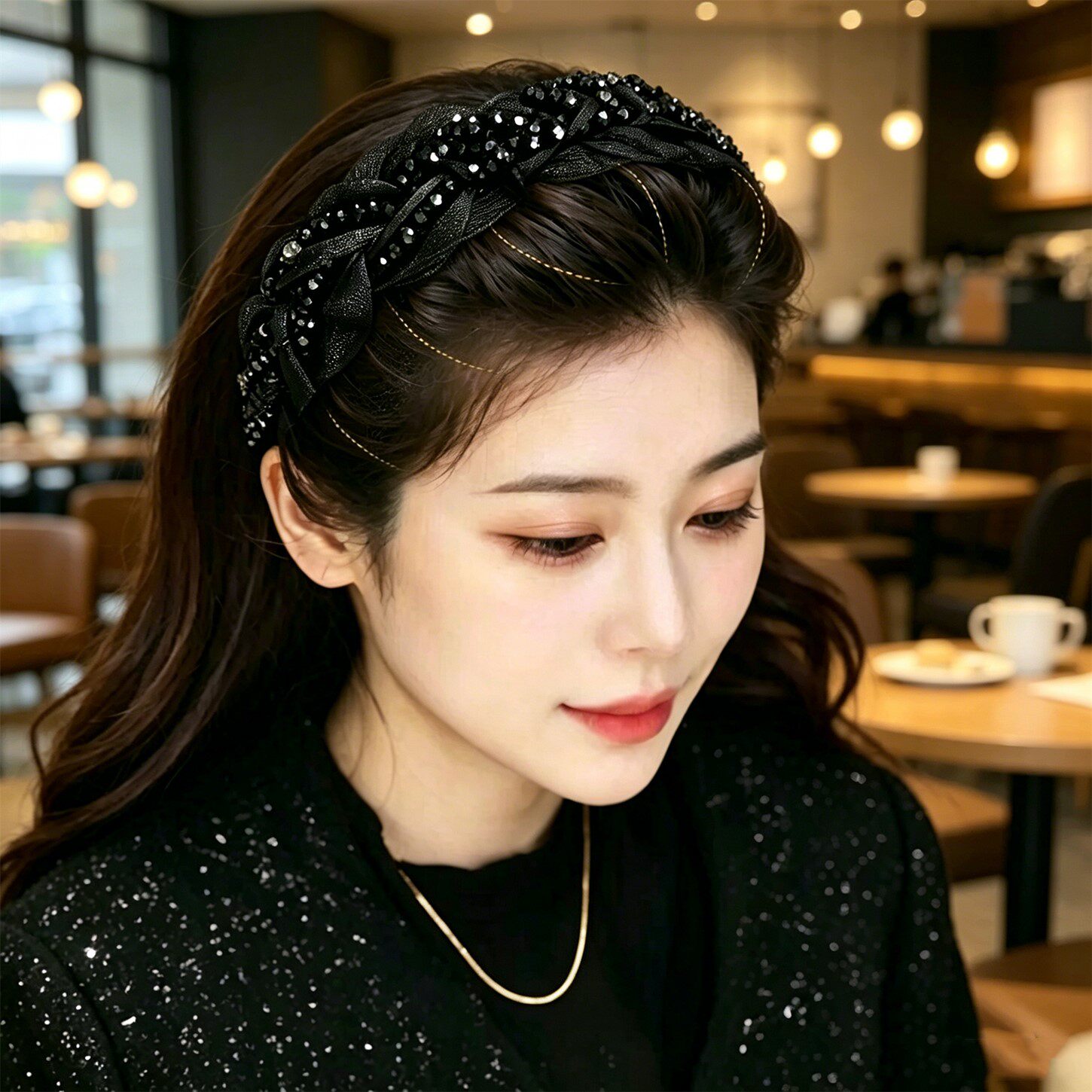 2026高级感珠光网纱发箍女带齿防滑麻花辫缠绕头箍显脸小高颅顶