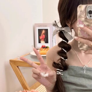 银色蝴蝶结电话线发圈灯笼泡泡辫头绳2024新款编马尾神器发绳头饰