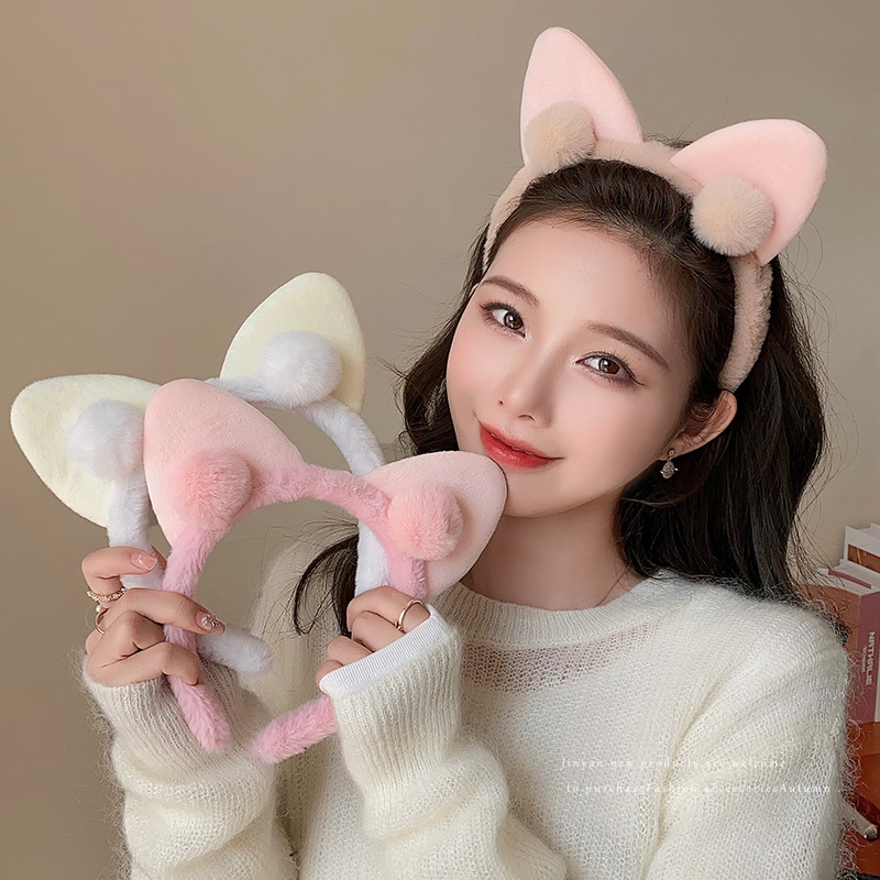 可爱猫耳发箍女秋冬毛绒头箍外出百搭防滑发卡高颅顶压发发捆头饰