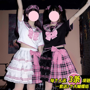 原创lolita裙现货JK式制服裙黑粉格裙打歌服暗黑甜酷双子洛丽塔裙