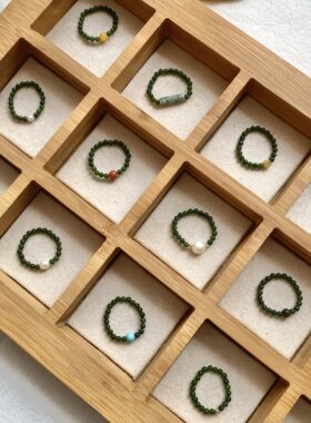 原创新中式显白绿色玉髓串珠戒指女百搭天然清新弹力气质食指戒