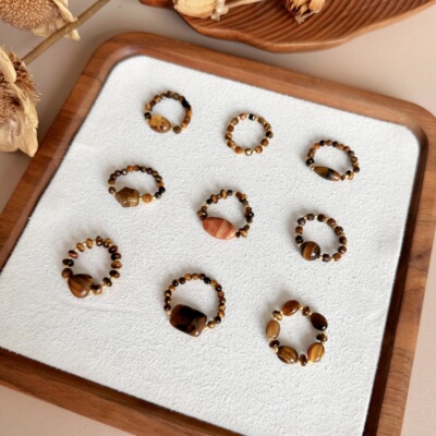 原创自制秋冬新款美拉德虎眼石戒指女简约手工复古串珠指环可定制