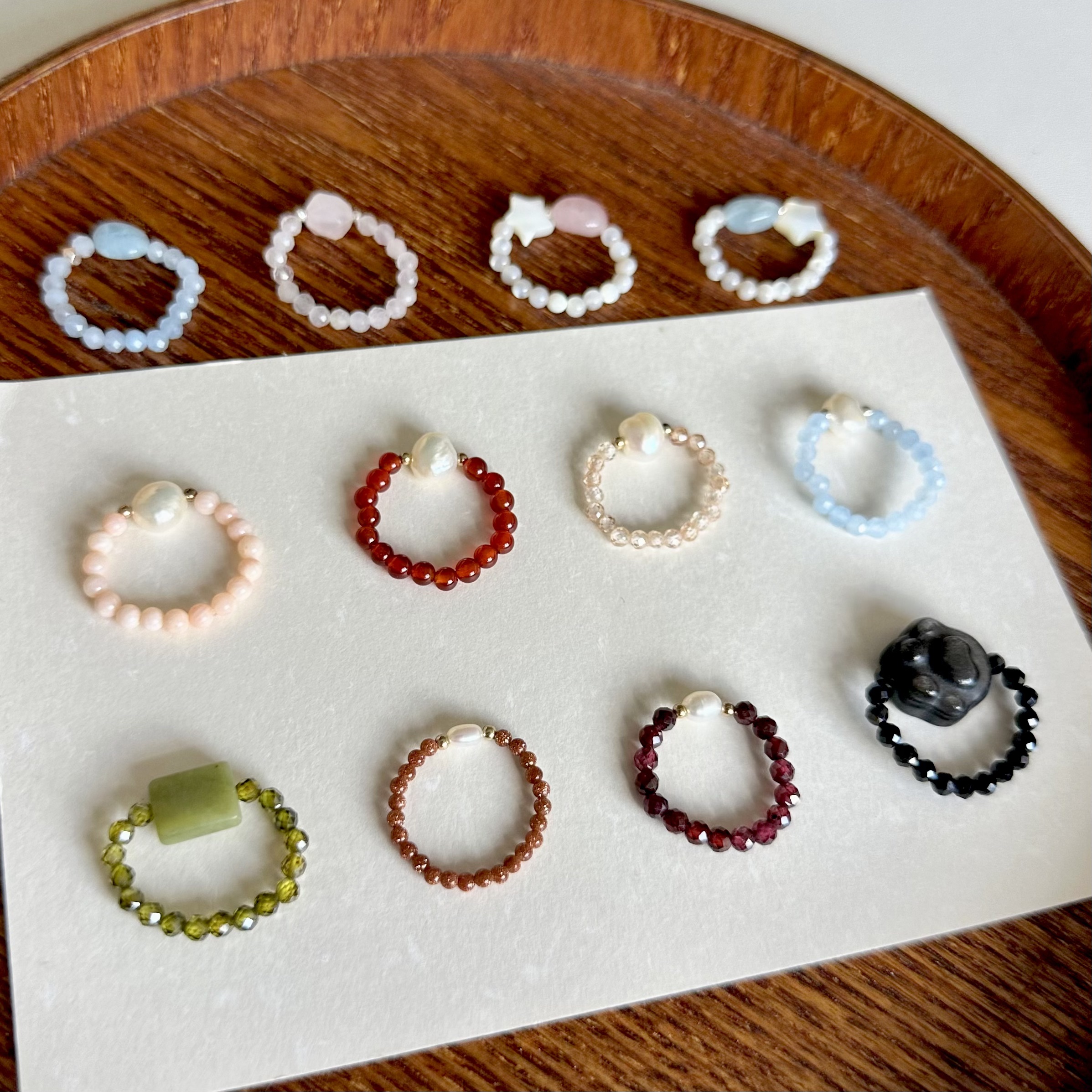 美国14K注金手工串珠戒指百搭文玩指环新中式天然石食指戒可定制