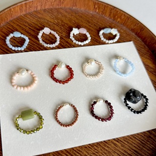 美国14K注金手工串珠戒指百搭文玩指环新中式天然石食指戒可定制