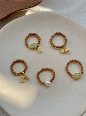 原创设计感橄榄核沙金戒指女复古新中式竹节尾戒文玩食指戒