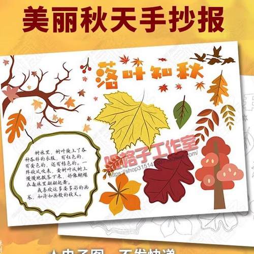 落叶知秋手抄报模板美丽的秋天小学生涂色绘画电子小报
