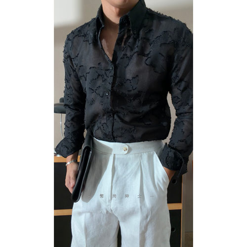 新款提花镂空透气舒适尖领男士休闲衬衫20271