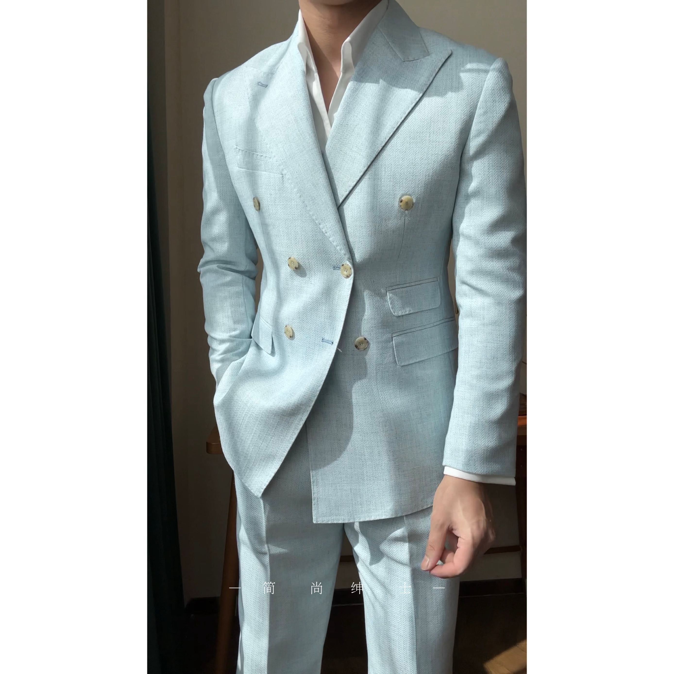 春夏新款人字纹意式绅装男士休闲商务西服套装922