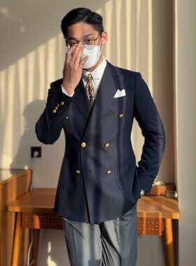 经典男士优雅绅士休闲绅士款海军蓝双排扣布雷泽金属扣单西601