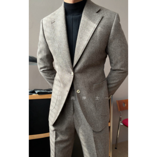 秋冬新款 965 绅士英伦风人字纹混纺戗驳领单排扣西服套装