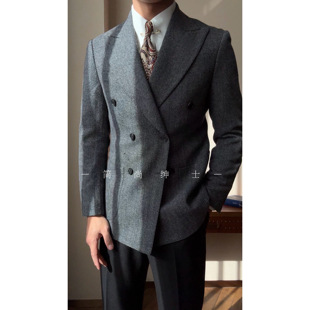 6165 商务休闲西装 秋冬新款 人字纹羊毛双排扣西服外套男士