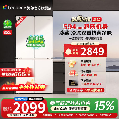 海尔出品统帅502L超薄十字对开四门一级能效双变频无霜家用电冰箱