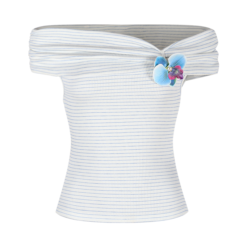 Black Strawberry Striped Off-Shoulder Sleeve T-Shirt For Women Summer 3D Flower Pure Desire Unique Stunning Short Top_voghion.com