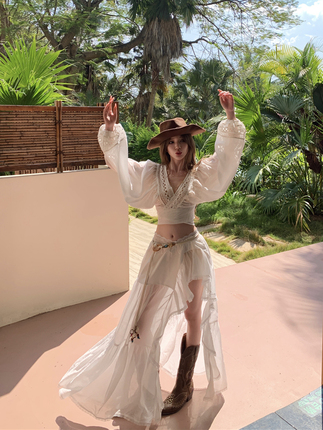 Resort Style Outfit Set: Lace Hollow-Out V-Neck Long-Sleeve Shirt for Women, Summer Belt, and Skirt Three-Piece Set