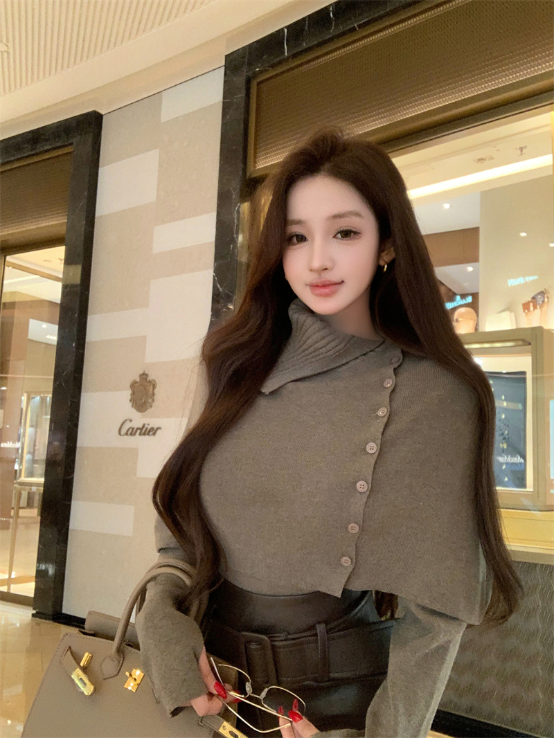 Lazy High-Neck Cape Shawl Layered with Knitted Sweater, Women's Autumn Fashion Set, Pu Leather Bodycon Skirt Three-Piece Set
