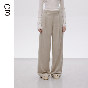 CHICC3真丝羊毛骆马绒精纺毛呢经典 单褶及地直筒西裤