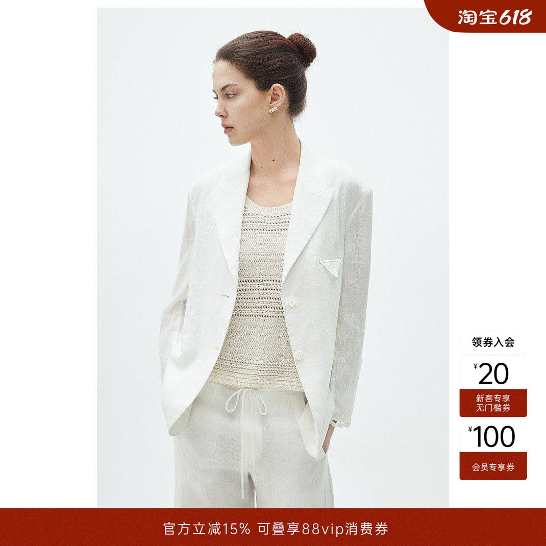 CHICC3自然肌理加密亚麻时髦老钱镂空刺绣窄身版西装