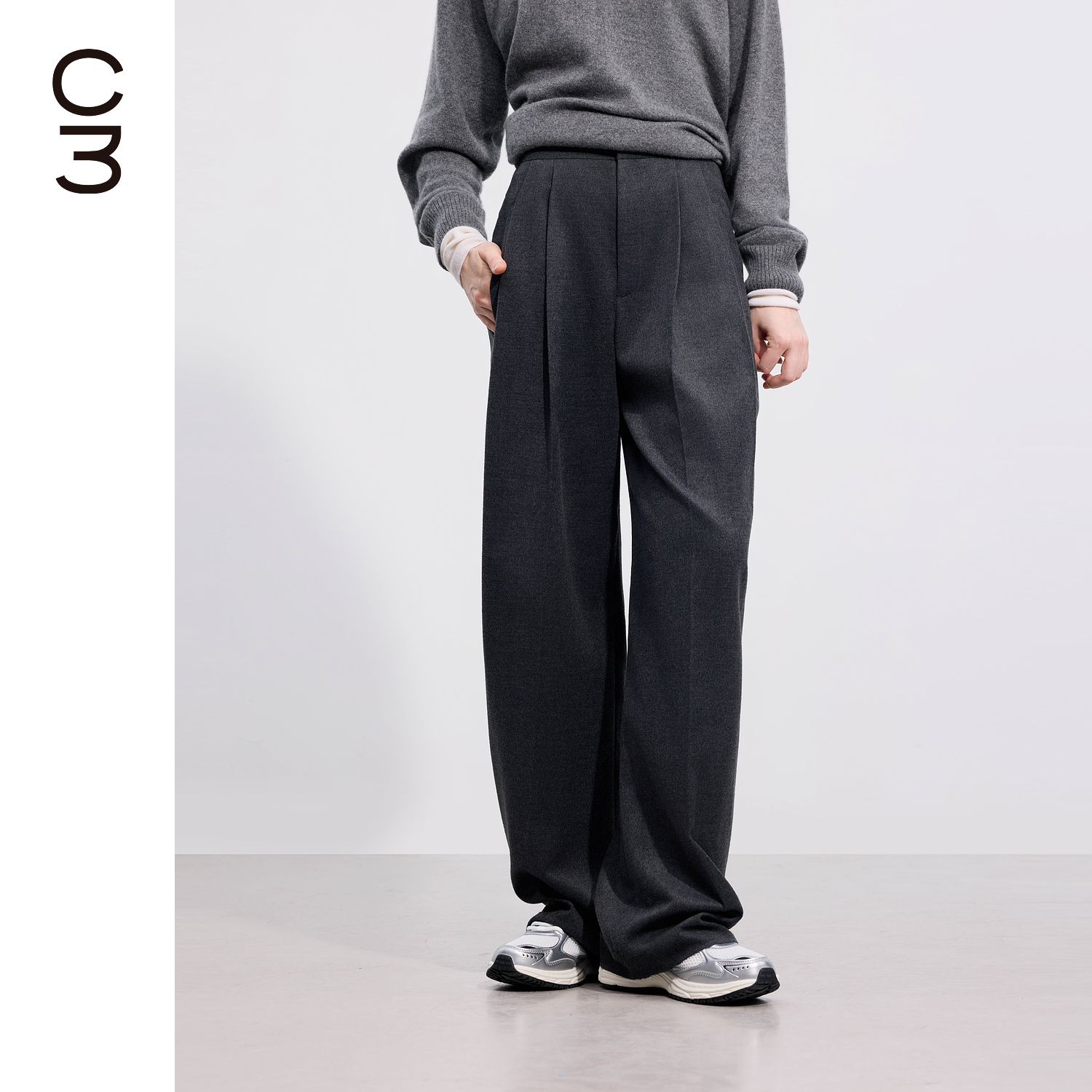 CHICC3绒感弹力斜纹羊毛西裤双褶垂感高腰休闲裤随性百搭深灰色