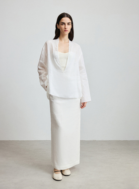 CHICC3高端轻盈亚麻 极简R0W风百搭直筒抽绳白色长裙/复古中裙