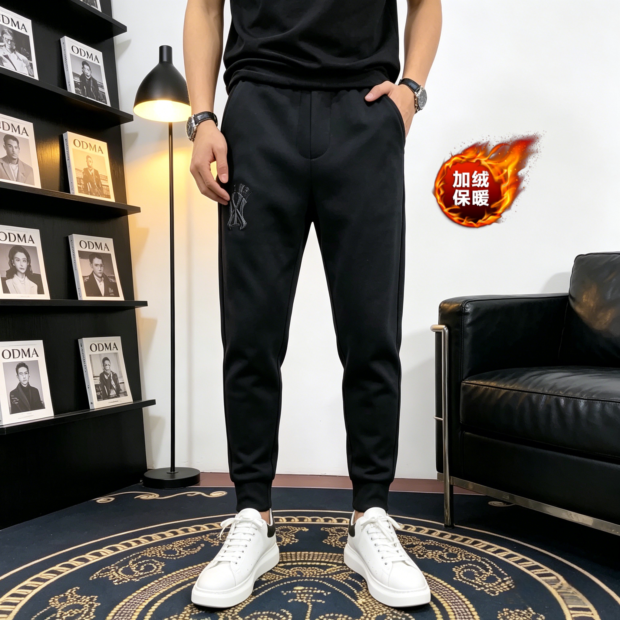 春季新款男士休闲卫裤百搭彩色松紧腰弹力加绒保暖加厚舒适小脚裤
