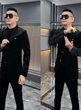 20181秋季新品金丝绒男士翻领外套上衣夹克重工艺百搭休闲西服潮