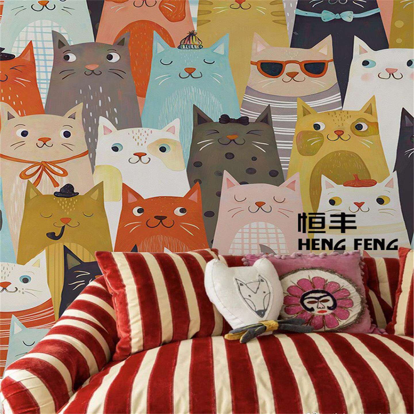 卡通漫画手绘儿童画猫咪主题背景墙壁纸温馨个性墙贴定制装饰壁画