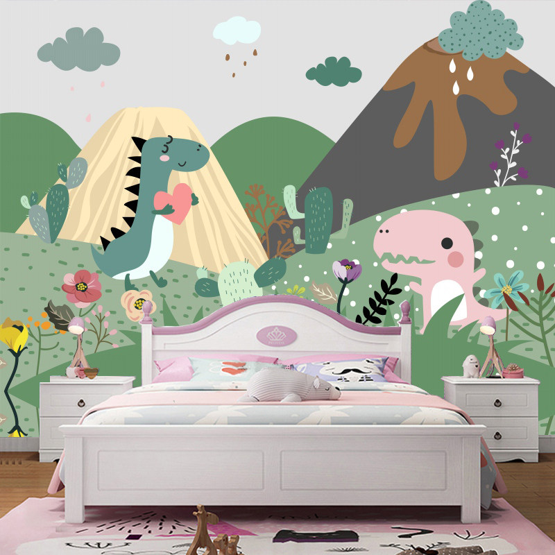 手绘可爱森林卡通画恐龙壁纸男孩儿童房墙纸幼儿园游乐园背景壁画