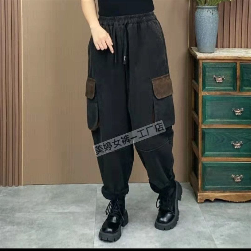春夏秋冬做旧拼接复古休闲裤中老年大码立体口袋显瘦拼接哈伦裤女