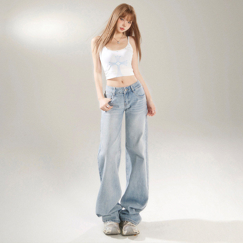 美式复古阔腿牛仔裤女2026夏季薄款浅蓝色低腰垂感百搭直筒拖地裤