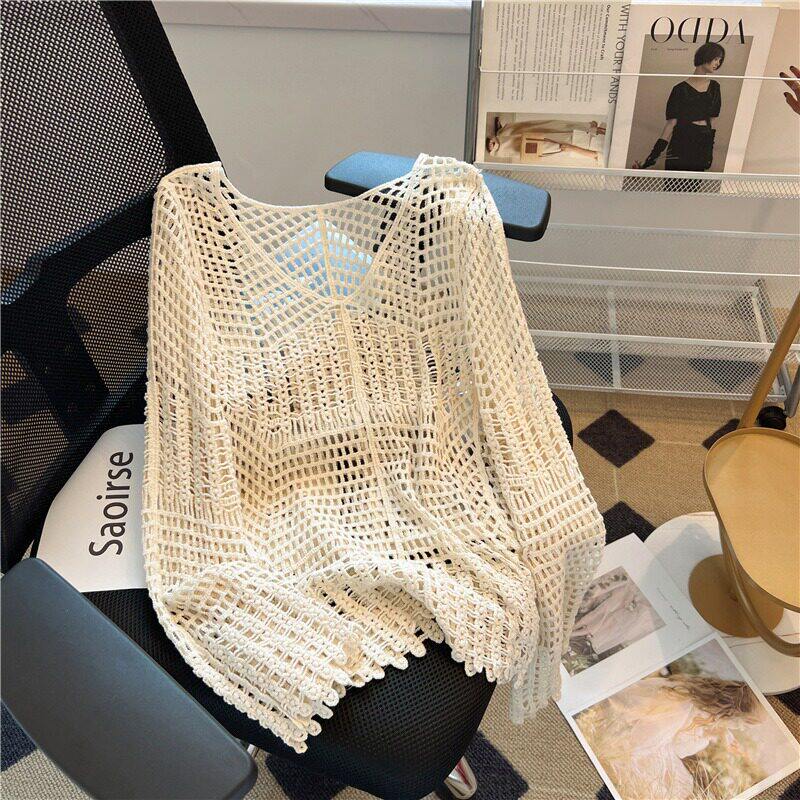 法式长袖镂空薄款防晒针织衫女2026夏季新款套头上衣宽松外搭罩衫