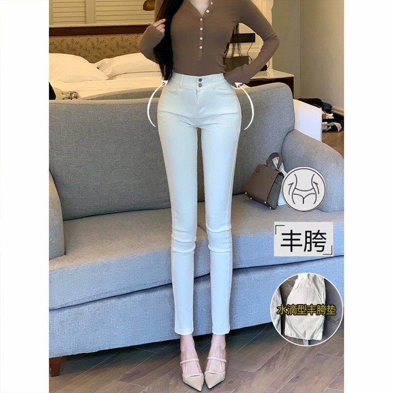 米白色丰胯牛仔烟管裤女