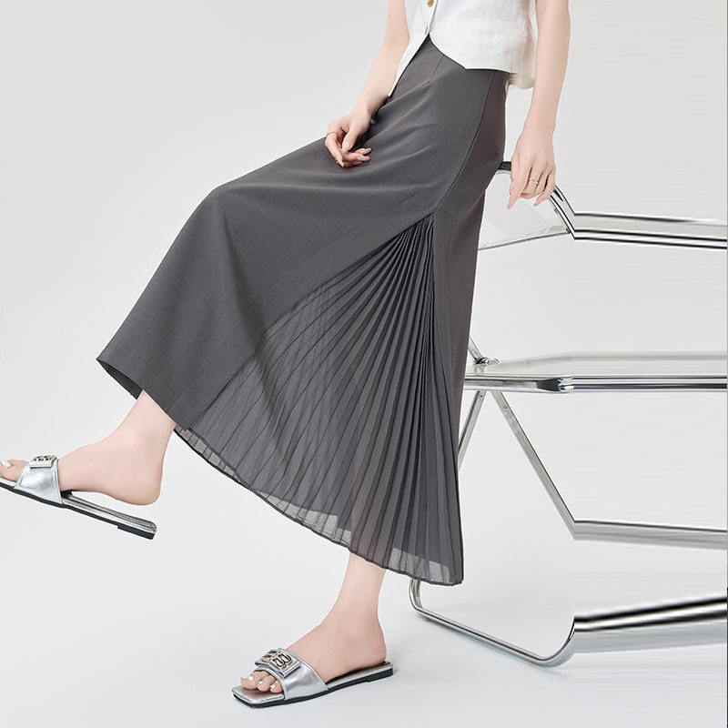 灰色雪纺拼接压褶西装半身裙女夏季设计感垂感遮胯显瘦直筒a字裙