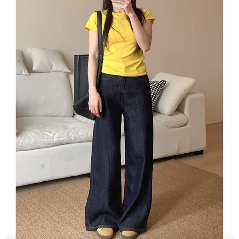 美式深蓝色阔腿牛仔裤女2026新款天丝薄款高腰显瘦宽松垂感直筒裤