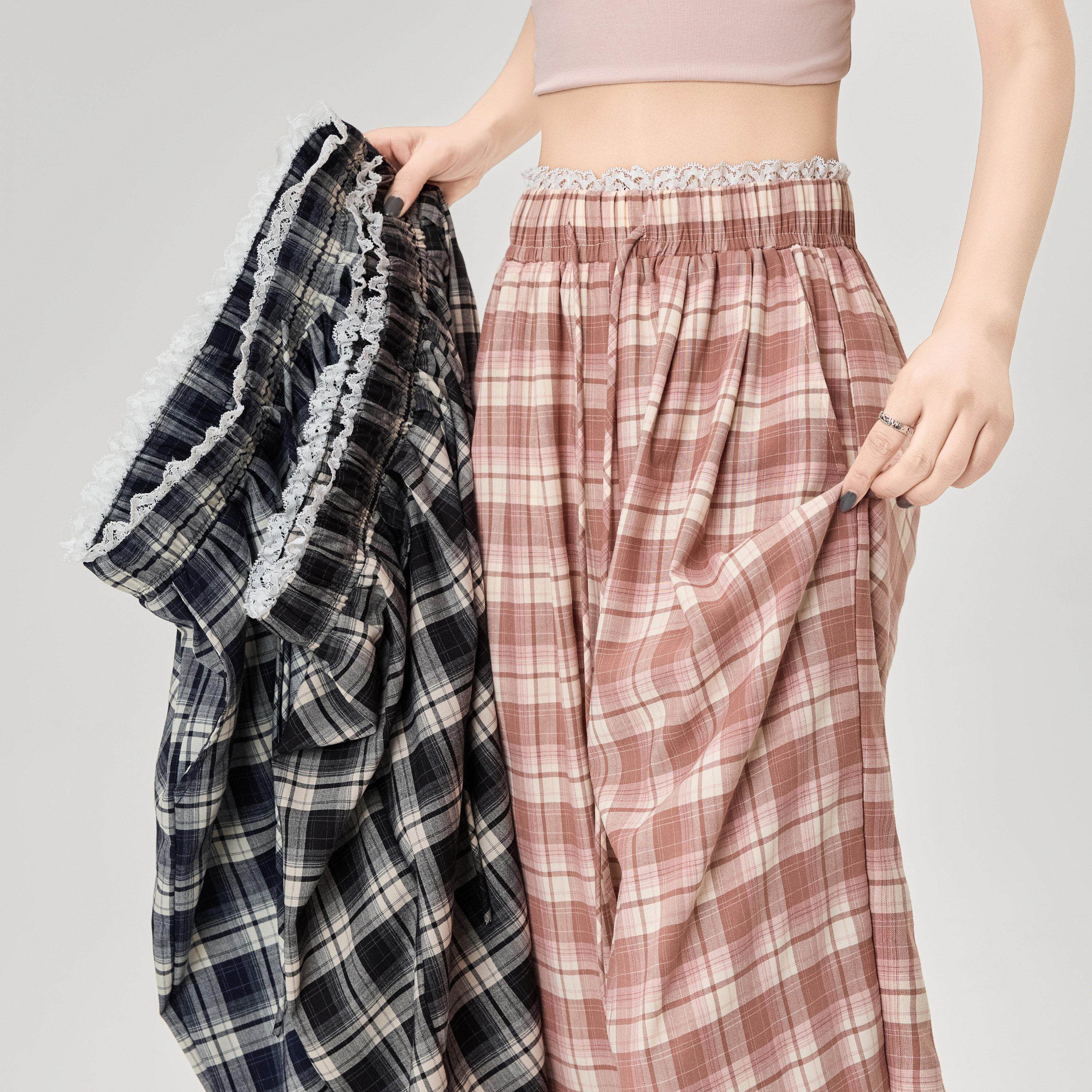 蕾丝花边格子裤子女夏季薄款冰丝阔腿裤高腰显瘦松弛感垂感休闲裤