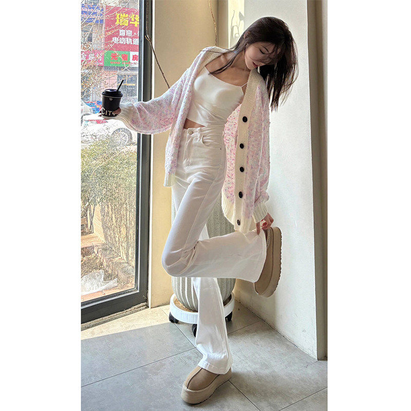 美式白色微喇牛仔裤女2026春秋新款高腰修身显瘦小个子弹力喇叭裤