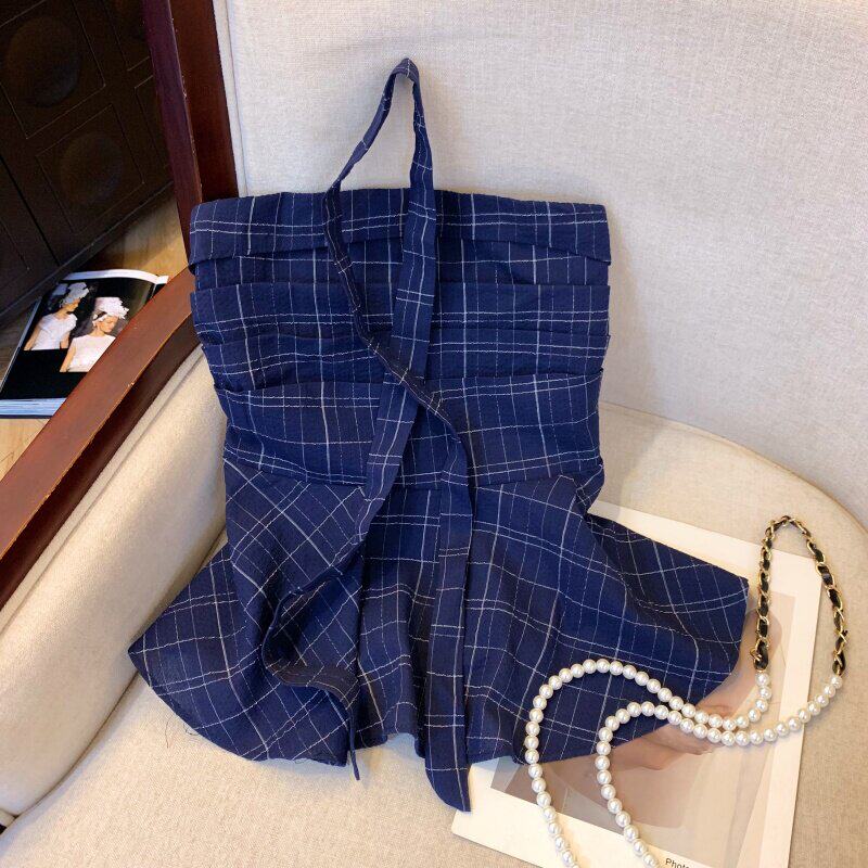 蓝色格子挂脖吊带背心女夏明媚随时海边泰式外穿花苞蓬蓬抹胸上衣