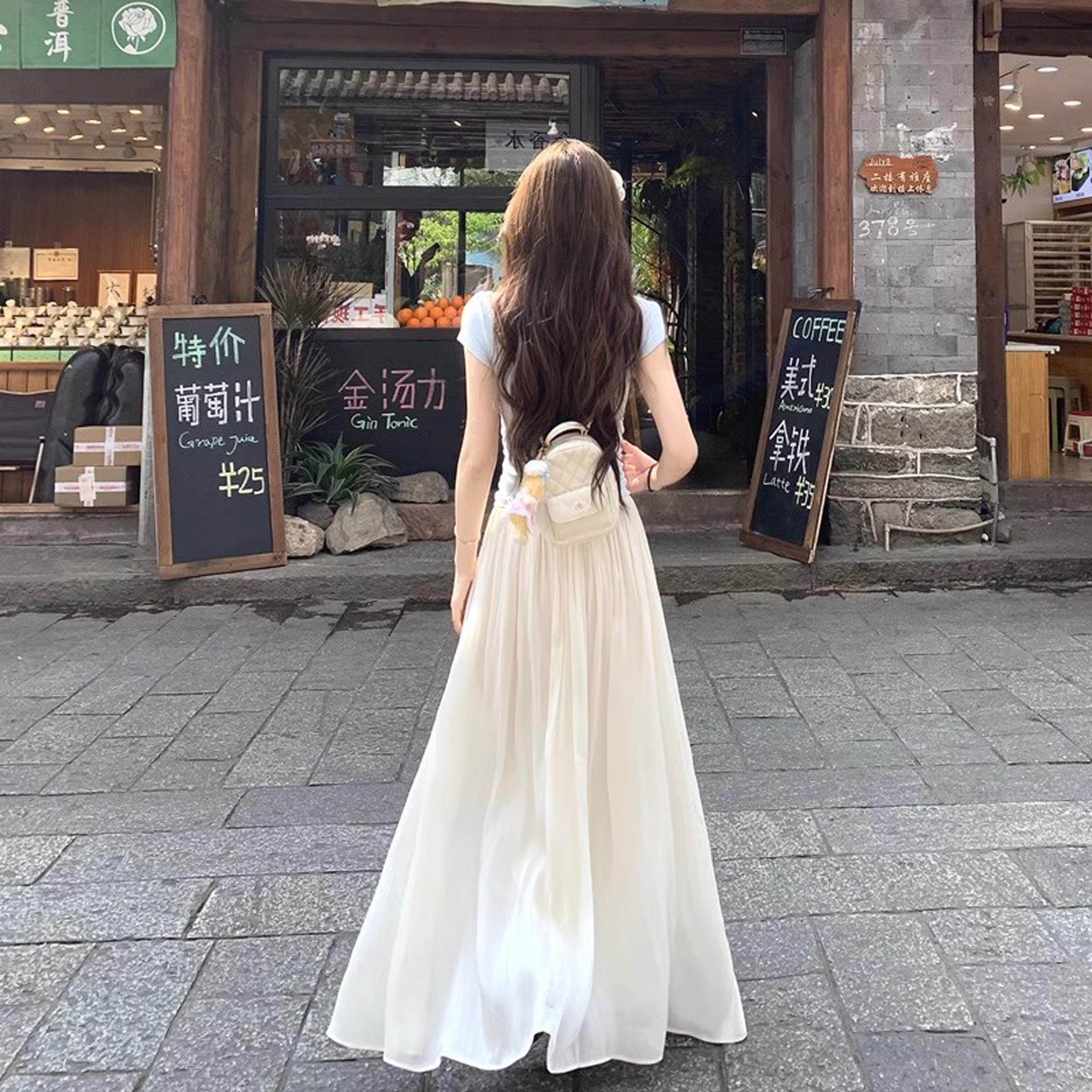 白色缎面流光纱半身裙女夏季高腰垂坠感大摆百褶a字半裙长款裙子