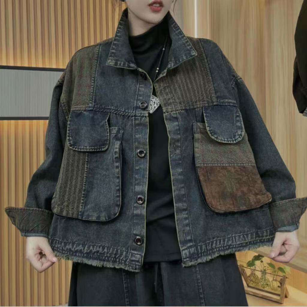 设计款拼色牛仔外套女水