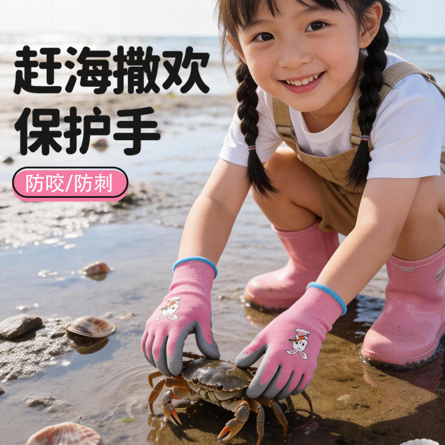儿童赶海手套园艺防刺防扎防护防咬抓螃蟹小朋友户外防滑耐磨带胶