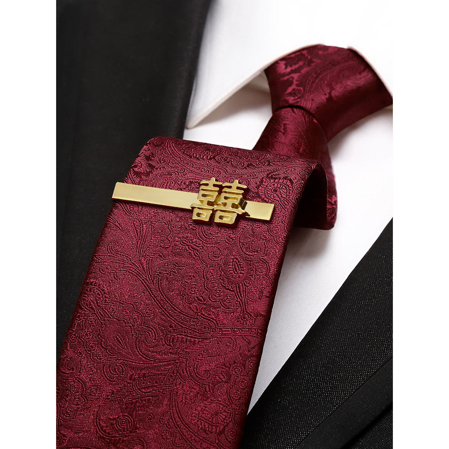 高档领带男士免打结酒红花纹婚礼商务拉链式正装懒人结婚新郎领结