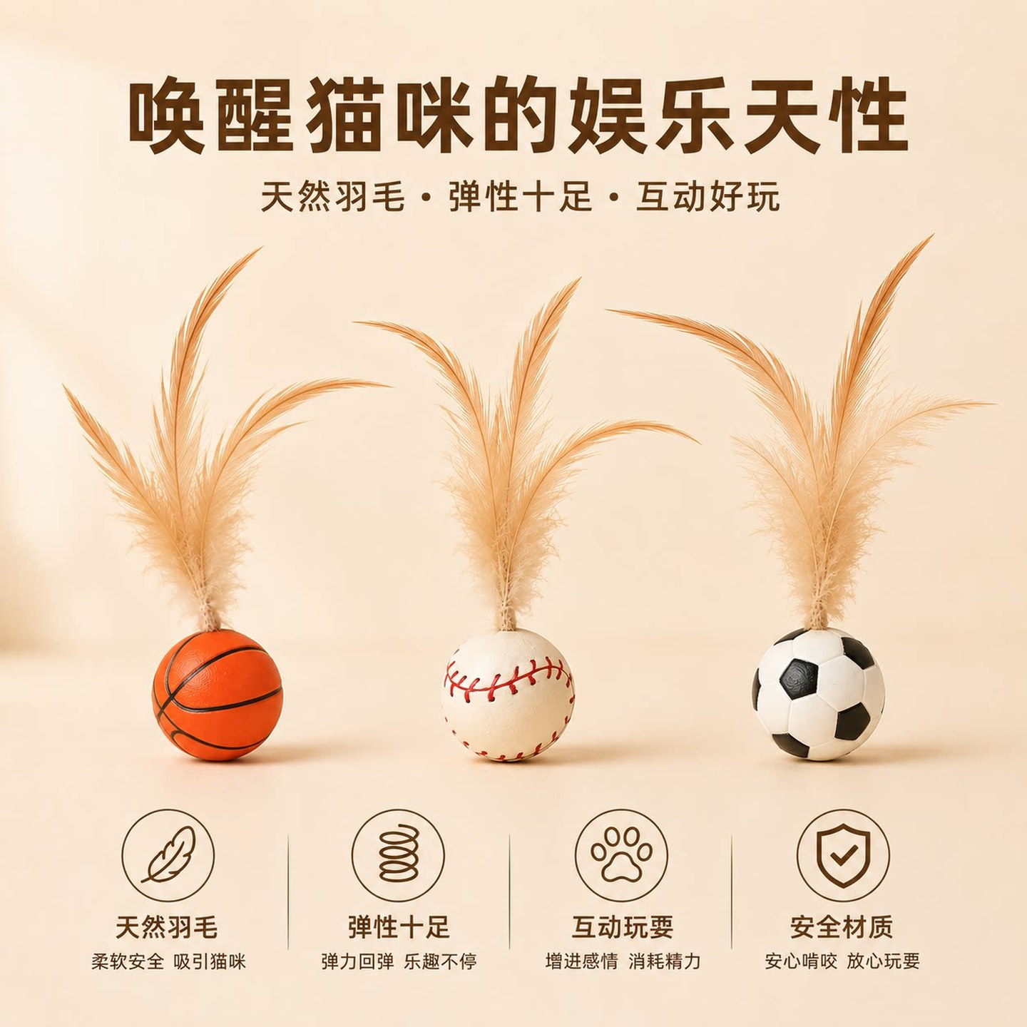 猫玩具羽毛弹力球自嗨解闷神器逗猫棒运动球带羽毛猫消耗体力宠物