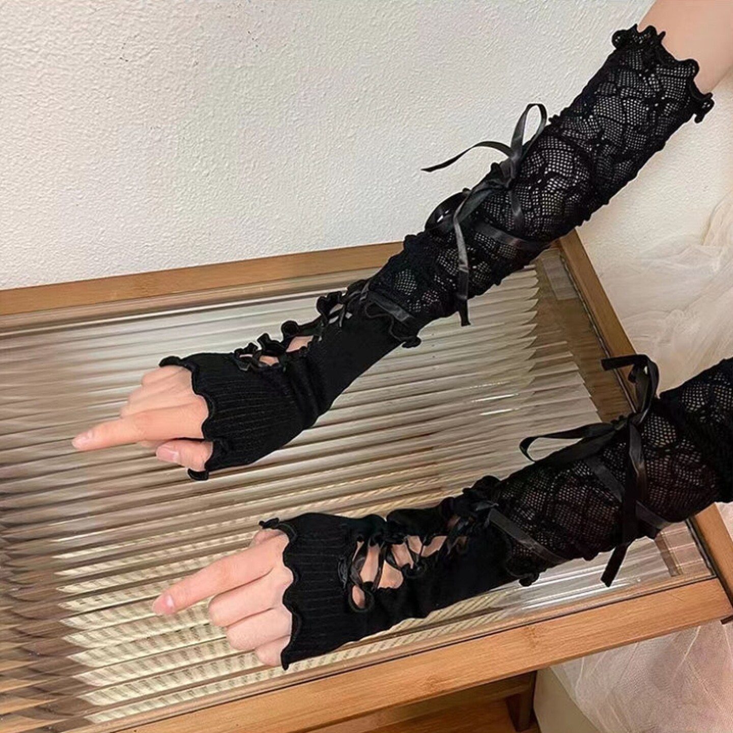 万圣节配饰手套lolita蕾丝长手袖女亚文化半掌芭蕾风绑带袖套y2k