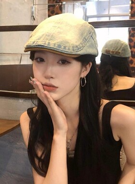 韩版复古水洗牛仔前进帽女春秋百搭大头围显脸小反戴鸭舌贝雷帽子