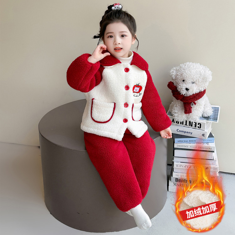 女童法兰绒冬天款三层2025新款睡衣女孩宝宝珊瑚绒开衫家居服套装