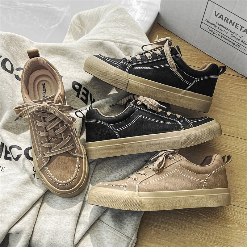 秋冬小众黑色休闲皮面鞋日系复古百搭运动板鞋XZ517-1XZ1530P60，男鞋帆布鞋，星座517-1