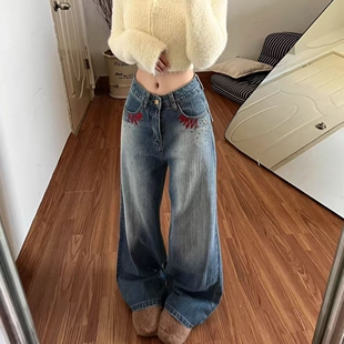 女烫钉钻宽松直筒高腰收腹垂感拖地裤 复古a字版 型显瘦阔腿牛仔裤